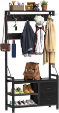 31.5 in Hall Tree with 17 Hooks and Bench - Black Entryway Organizer
