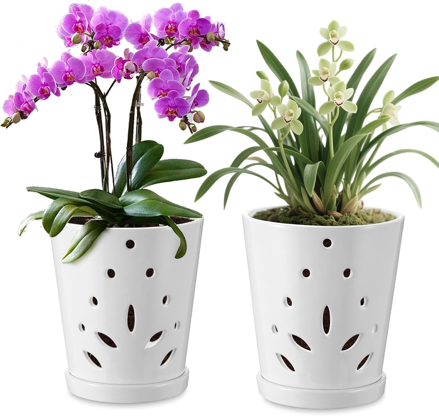 Set of 2 6.5 Inch Ceramic Orchid Pots for Indoor Plants