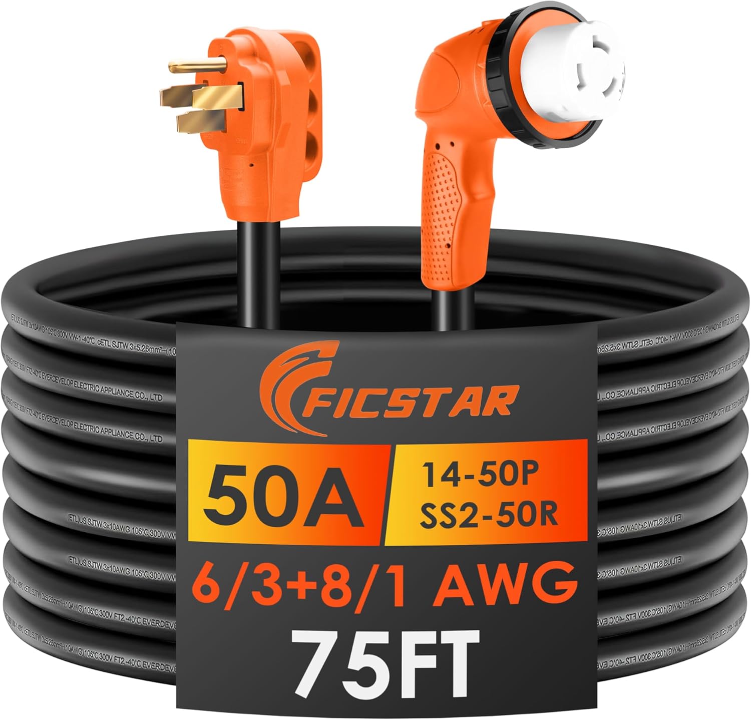50 Amp RV Extension Cord 75 ft with Grip Handle and LED Indicator