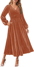 Womens Velvet Midi Dress V Neck Long Sleeve - Flowy High Waist