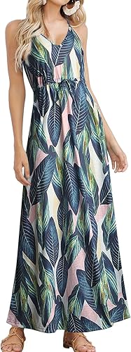 HUSKARY Womens Sleeveless V Neck Spaghetti Strap Maxi Dress