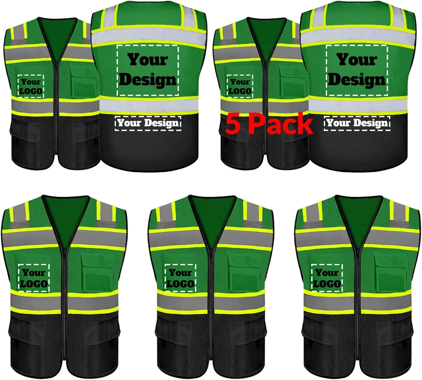 Custom Safety Vest with 5 Pockets & Zipper for High Visibility