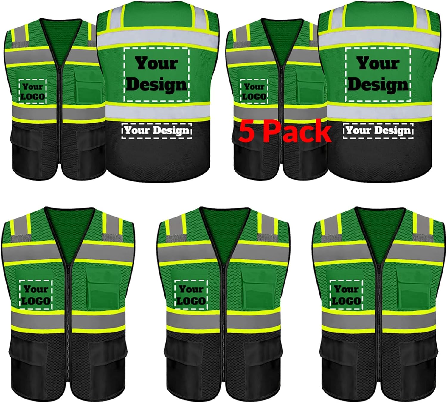 Custom Safety Vest with 5 Pockets & Zipper for High Visibility