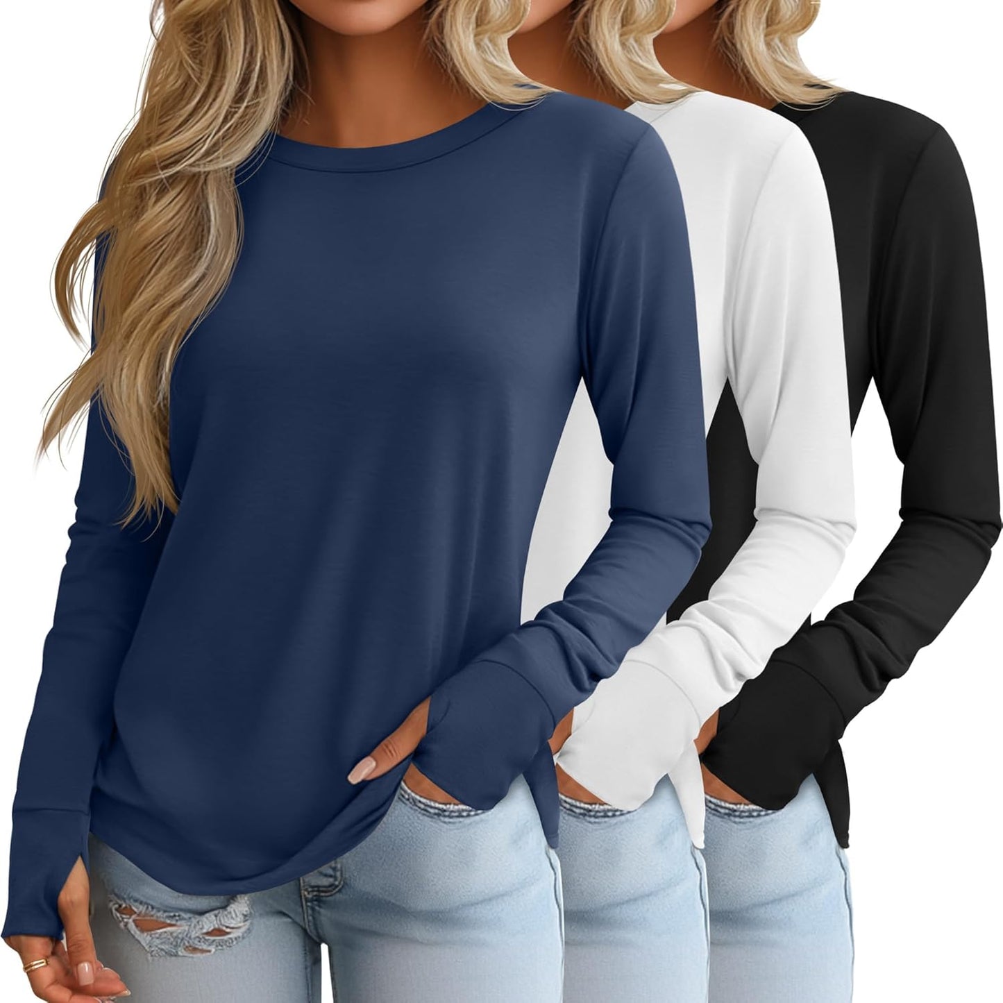 Huukeay 3 Pack Women's Long Sleeve Shirts with Thumb Holes