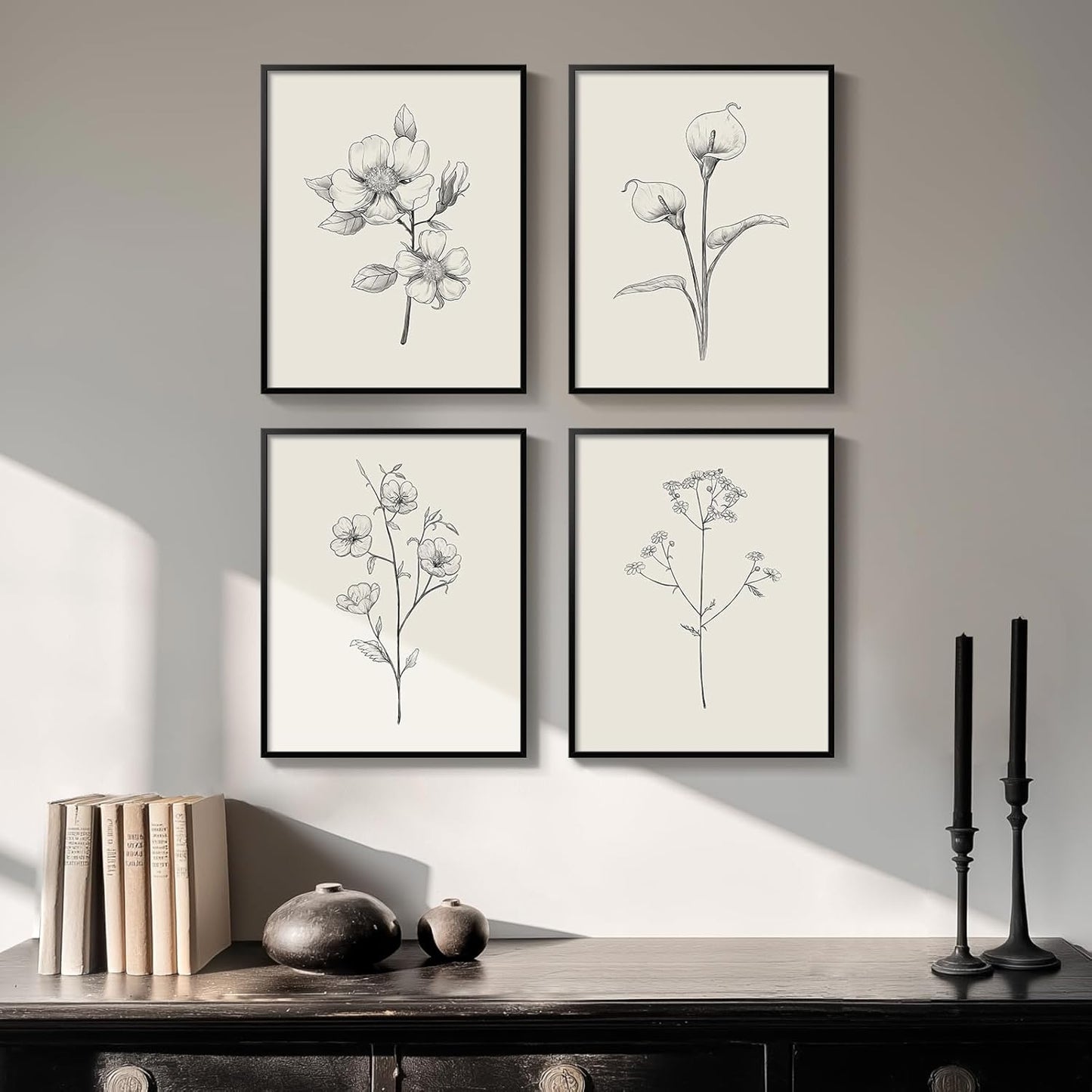 Framed Black and White Floral Wall Art for Home Decor