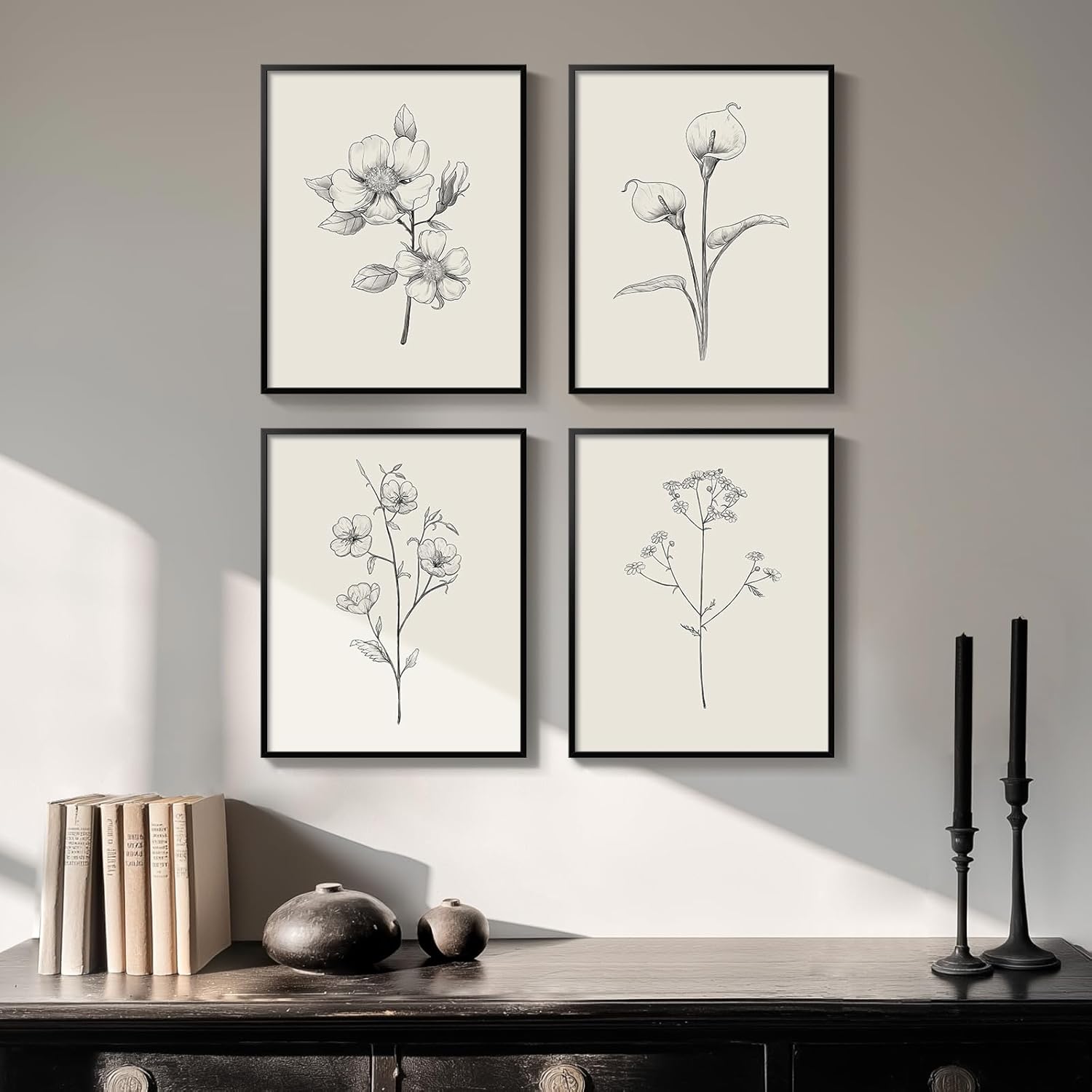 Framed Black and White Floral Wall Art for Home Decor