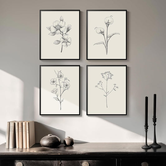 Framed Black and White Floral Wall Art for Home Decor