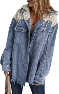 Corduroy Shacket Jacket Hooded Color Block Long Sleeve - Cozy Fall