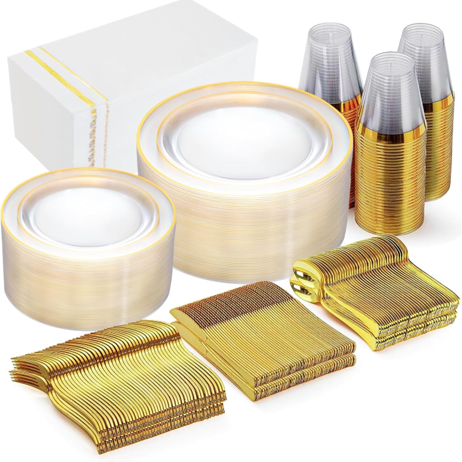 GATHER 350PCS Clear Gold Plastic Plates for Elegant Dining