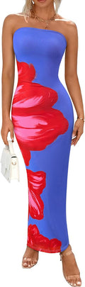 PRETTYGARDEN Strapless Maxi Dress - Floral Bodycon Summer Dress