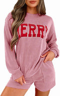 Womens Ribbed Pajama Sets Long Sleeve Top and Shorts Matching Lounge