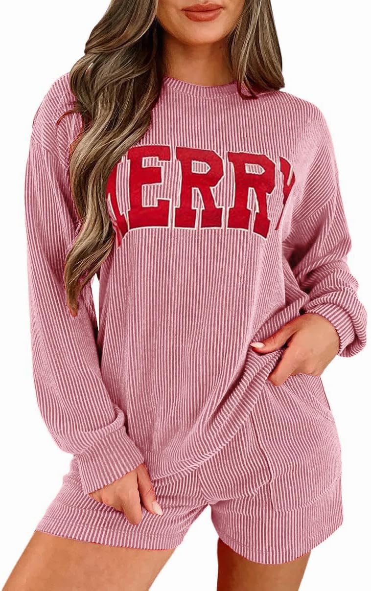 Womens Ribbed Pajama Sets Long Sleeve Top and Shorts Loungewear