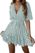 Women's Casual Summer Striped Wrap Mini Dress - Flirty Ruffle Hem
