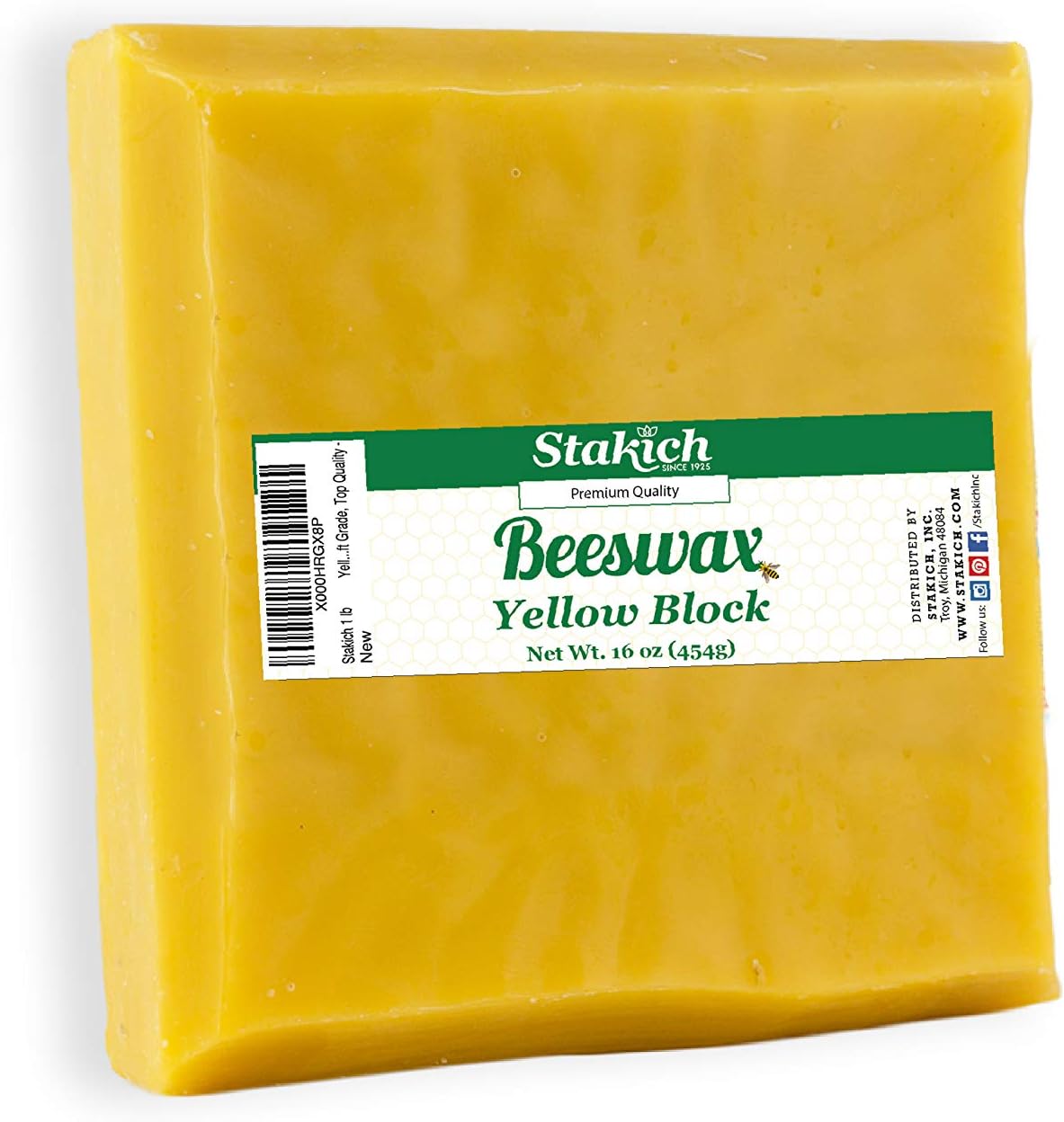 Stakich 1lb Yellow Beeswax Block - Triple Filtered, Honey Scent