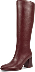 Burgundy Knee High Boots for Women - Rhinestone PU Chunky Heel
