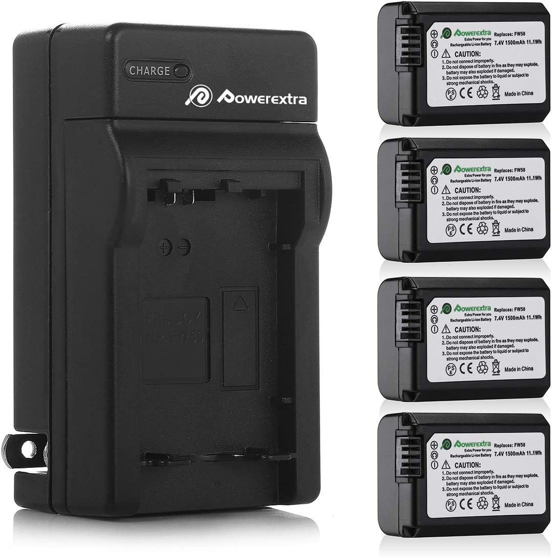 Powerextra NP-FW50 Battery 4-Pack with Charger for Sony Cameras