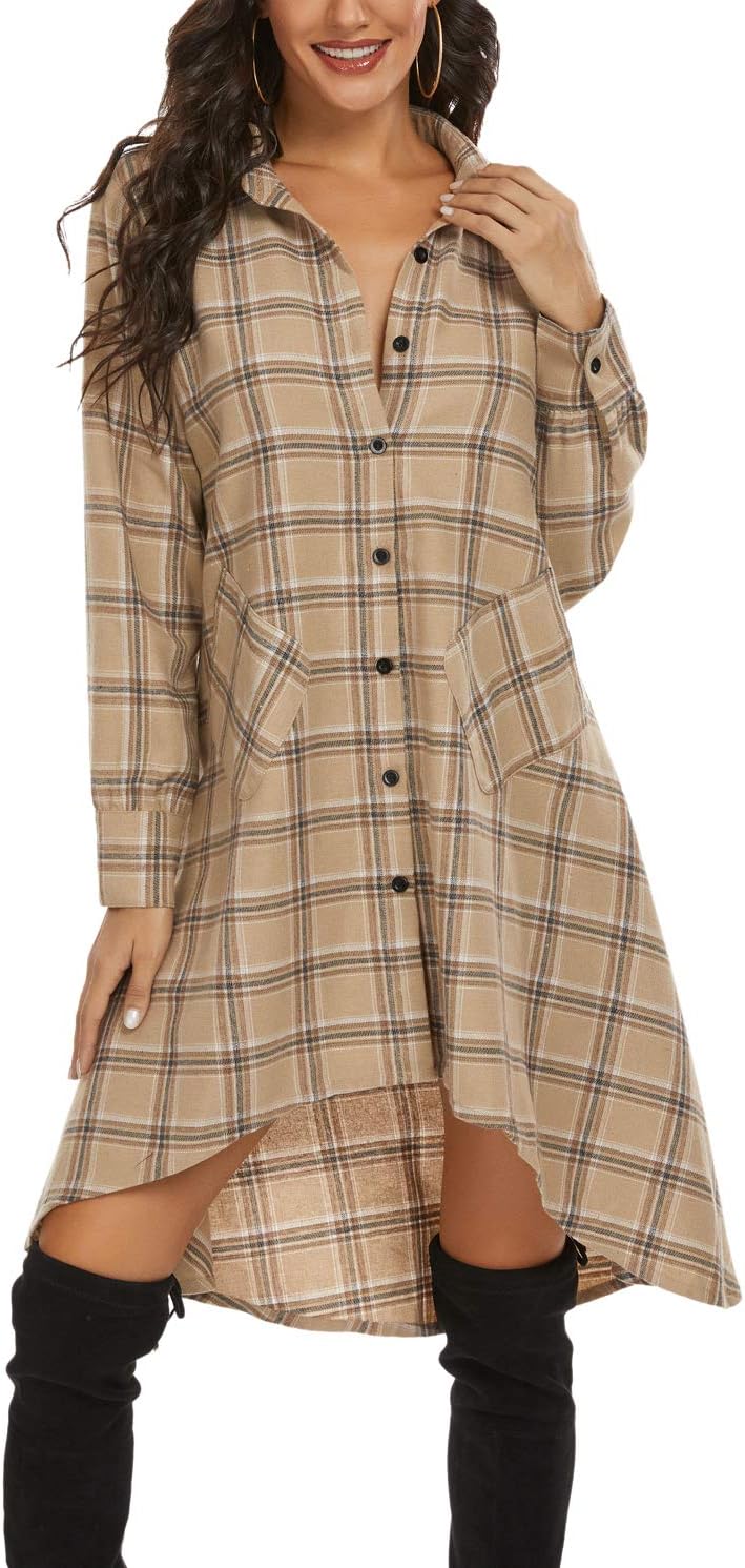Olrain Womens Plaids V Neck Long Sleeve Casual Shirt Dress