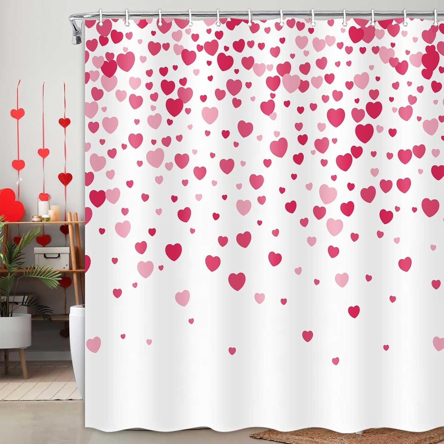 Valentines Heart Shower Curtain, Romantic Design, Polyester Fabric, 69X70in