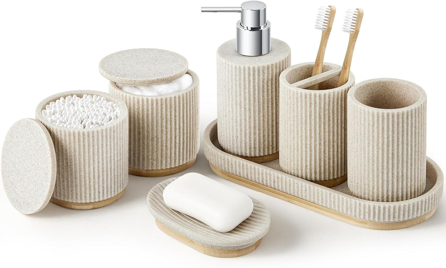 7PCS Resin Bathroom Accessories Set with Bamboo Base for Modern Decor