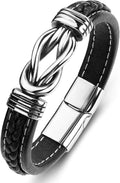 Mens Leather Bracelet Braided Wristband with Stainless Steel Clasp