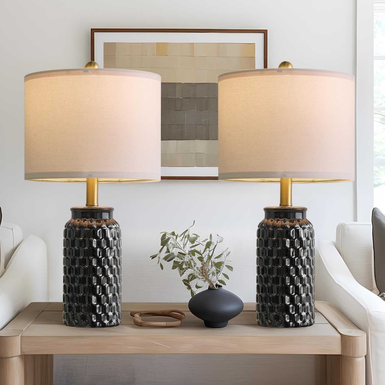20.5 in Black Modern Ceramic Bedside Lamp Set of 2 for Decor