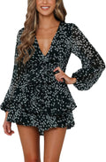 Floral Print Romper V Neck Long Sleeve Ruffle Hem Shorts - Flowy Fit