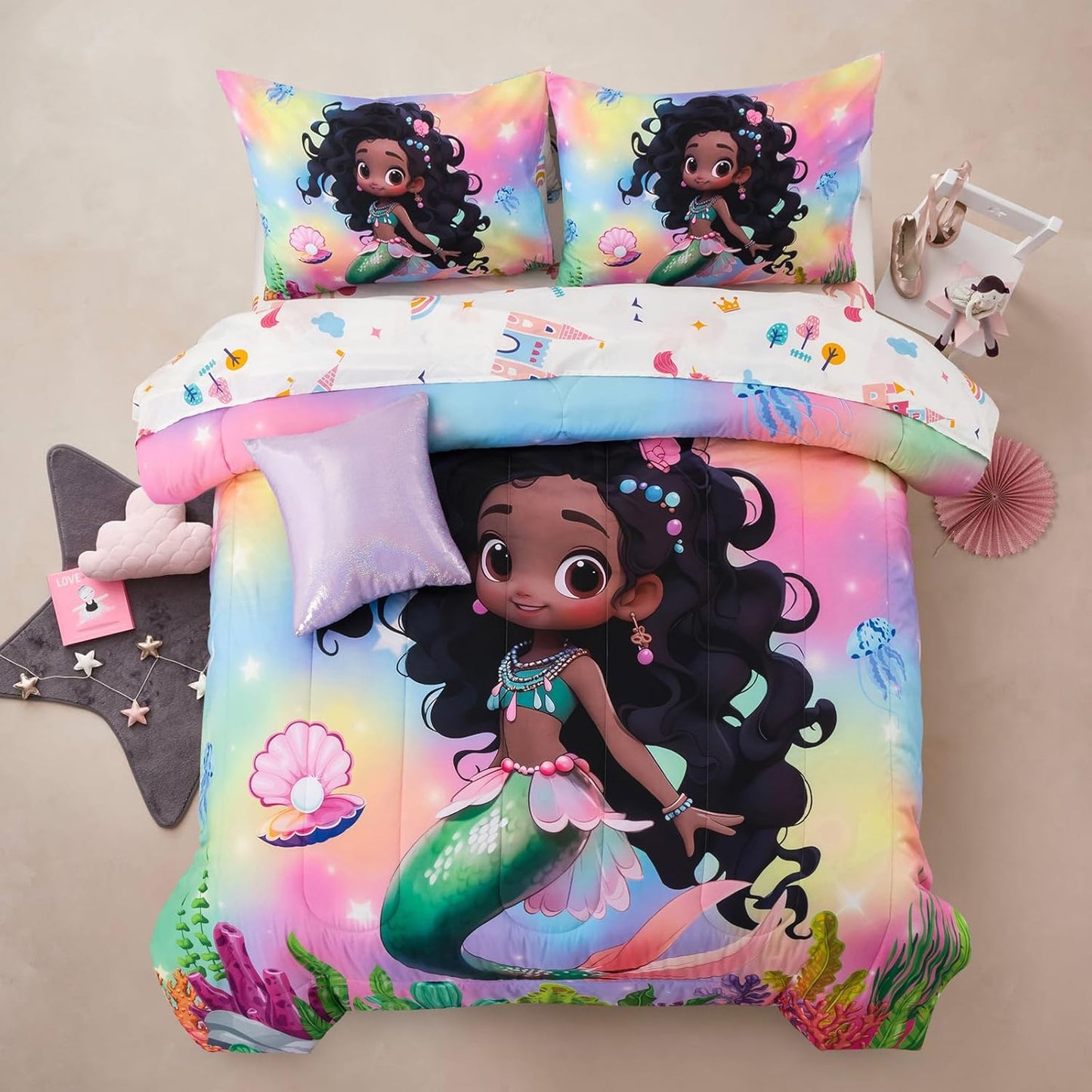 6pcs Comforter Set for Kids with Mermaid Design and Glitter