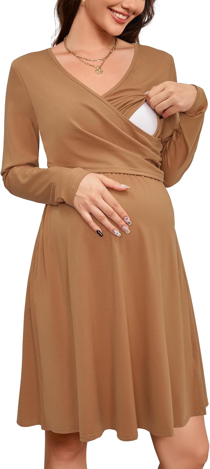 OUGES Womens 2025 V-Neck Maternity Dresses for Nursing