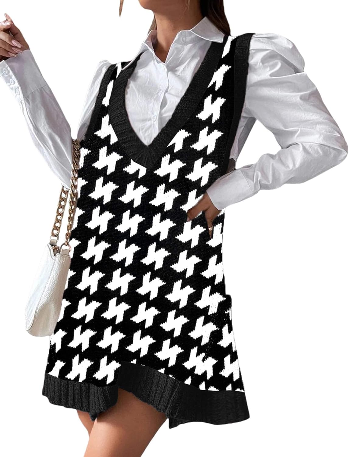 Stylish V Neck Sweater Vest Dress with Pockets for Women