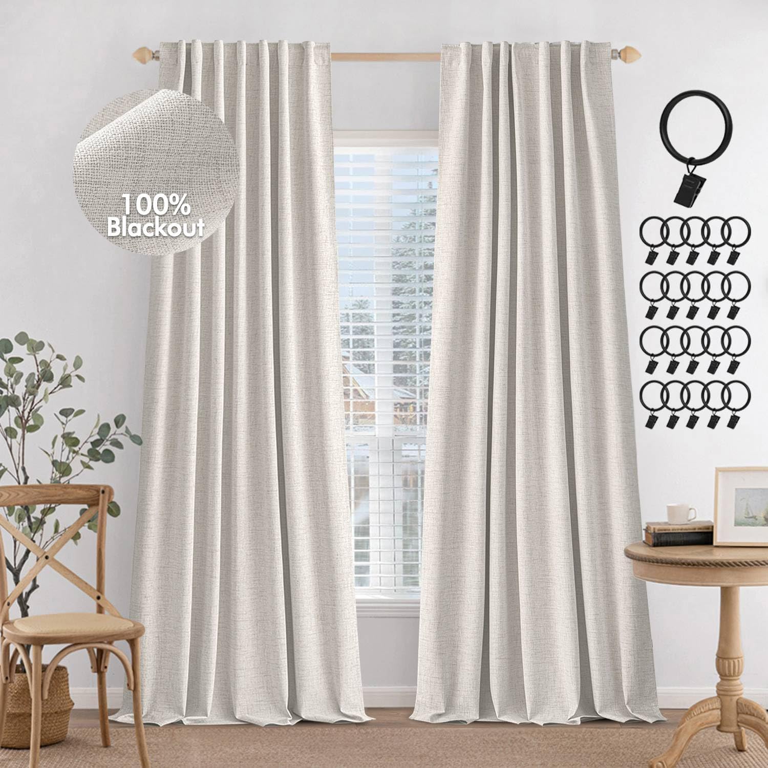 MIULEE Beige Linen Blackout Curtains 90 - 100% Light Block, 2 Panels