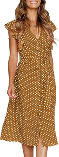 Boho Polka Dot Flutter V Neck Button Down Midi Dress - With Pockets