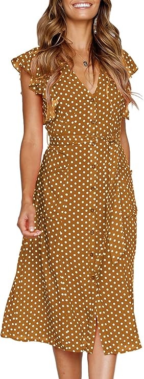 MITILLY Women's Boho Polka Dot Flutter Midi Dress with Pockets