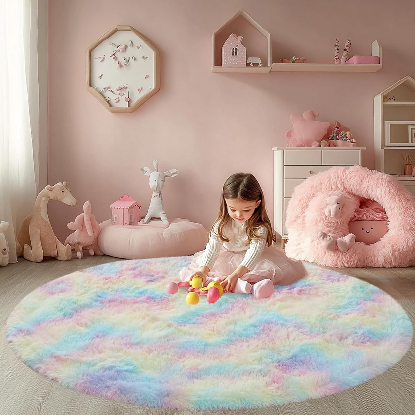 Round 5x5 ft Fluffy Rainbow Rug for Girls Bedroom Decor