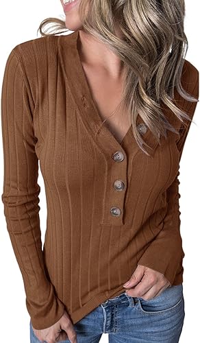 MEROKEETY Women's Long Sleeve V Neck Ribbed Button Knit Sweater