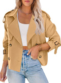 Women Crop Double Breasted Trench Coat - Windproof Polyester Cropped