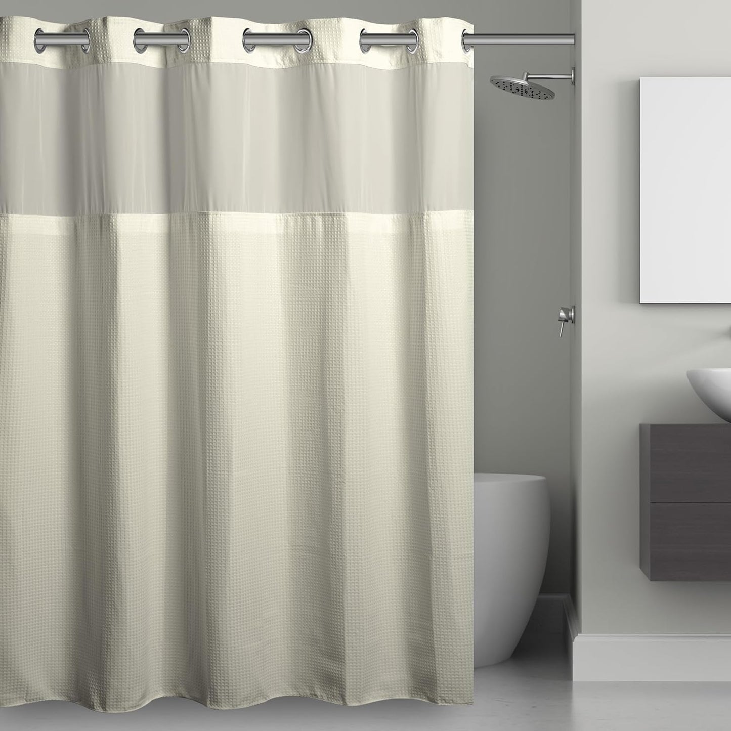 Waffle Shower Curtain with Sheer Window & Flex-On Rings, 71ft x 74ft