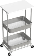 2-Tier Rolling Utility Cart with Wood Top - Compact Mobile Storage