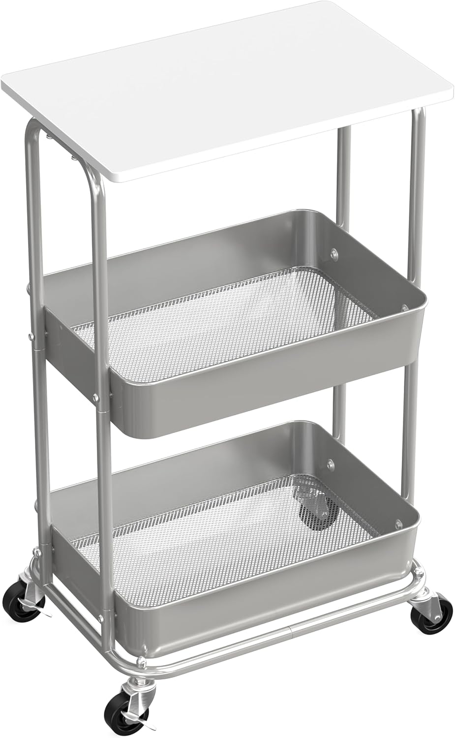 2-Tier Rolling Utility Cart with Lockable Wheels and Wood Top