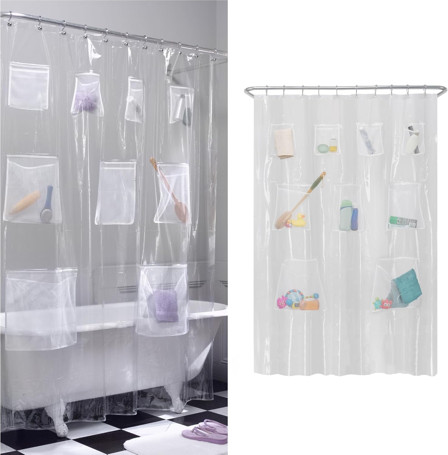 Zenna Home Clear Shower Curtain Liner: 9 Mesh Pockets for Ultimate Bathroom Organization