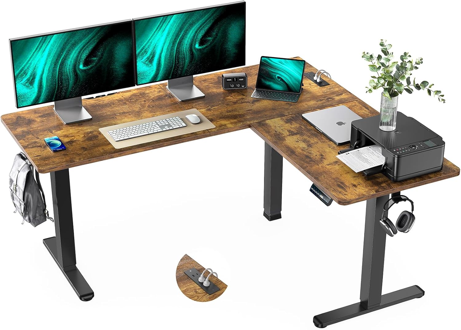 Adjustable Standing Desk with Power Outlet, L-Shaped, Home Office Rustic