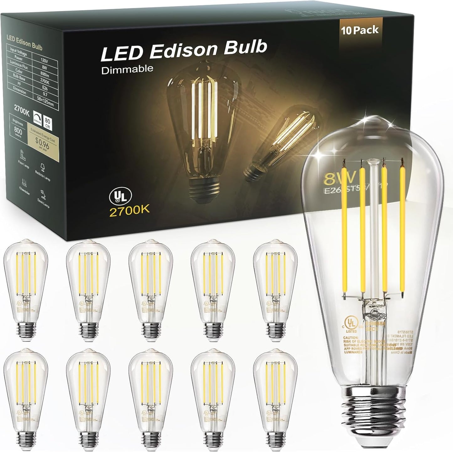 Vintage 8W ST58 LED Edison Light Bulbs for Home & Office