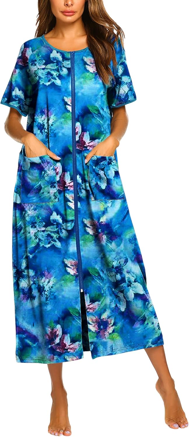 Ekouaer Women Robes Zipper Front Short Sleeve Full Length Housecoat