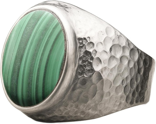Natural Aventurine Crystal Ring for Men in Hammered Silver