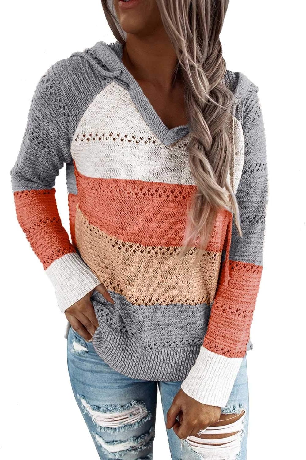 BLENCOT Women Color Block Hooded Crochet Striped Sweaters
