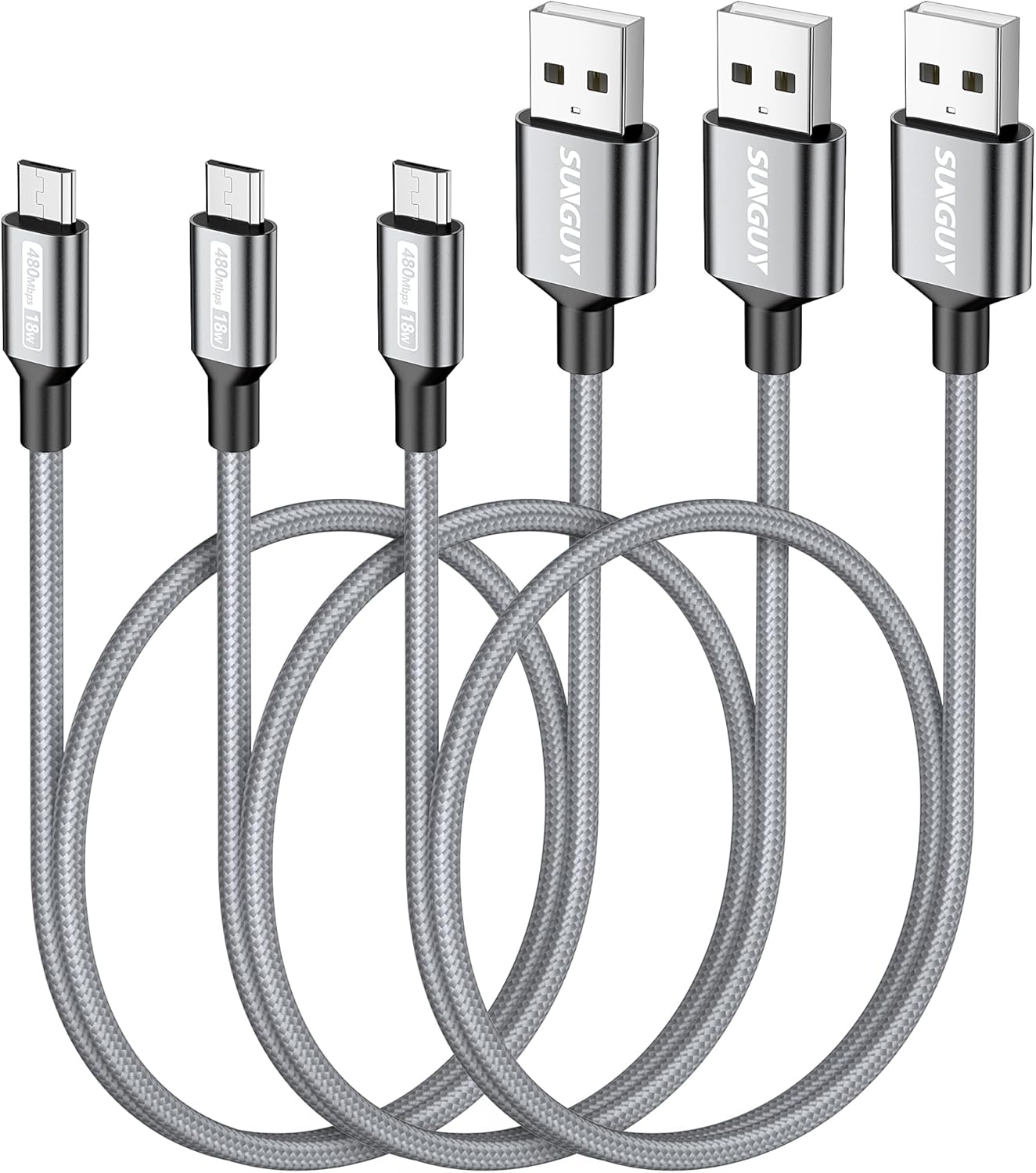 SUNGUY 3-Pack Short Micro USB Cable, Fast Charge & Sync for Samsung Galaxy, LG, Android - 1.5ft