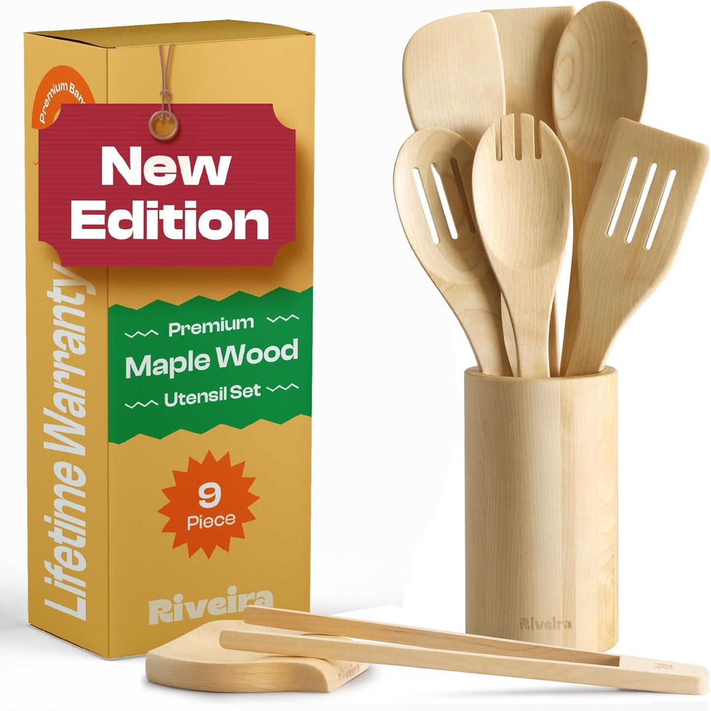 Riveira Maple Wooden Cooking Utensils Set of 9 for Every Kitchen
