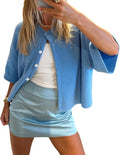 Women Knitted Crop Cardigan Shirt Short Sleeve Button Down - Y2k