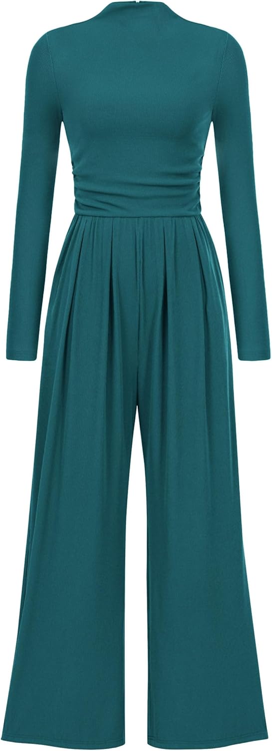 PRETTYGARDEN Long Sleeve Mock Neck Jumpsuit for Women Fashion