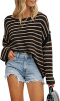 Women's Striped Knit Sweater Boat Neck Oversized Pullover - Casual Fit