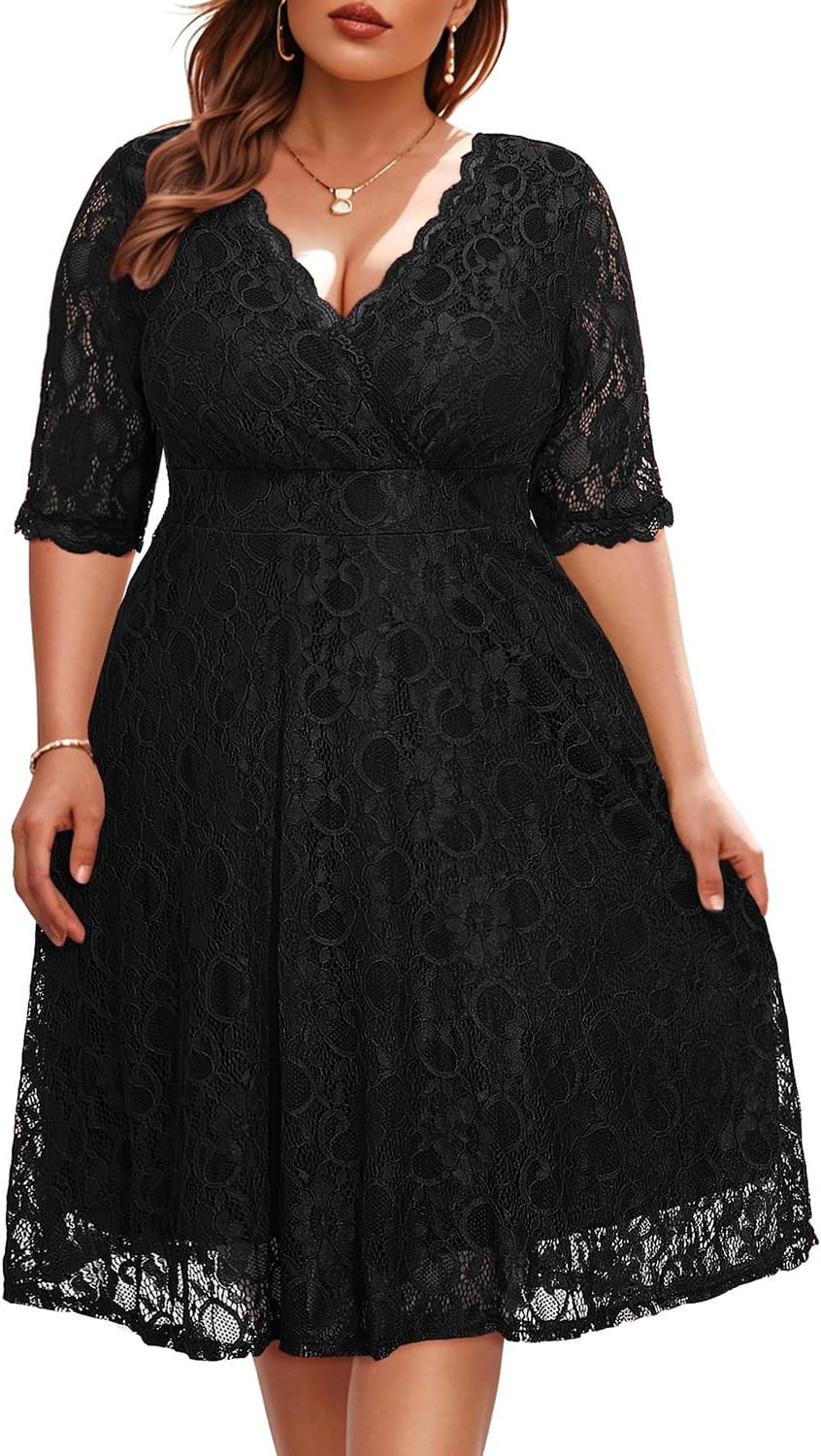 Plus Size Wedding Guest Cocktail Dress with Lace Wrap V Neck